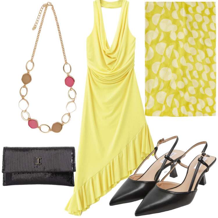 Outfit donna - Total look #2209442. Stile Glamour per Serata fuori. Abbinamento con sabot, vestiti asimmetrici, borse a tracolla, collane, stole.