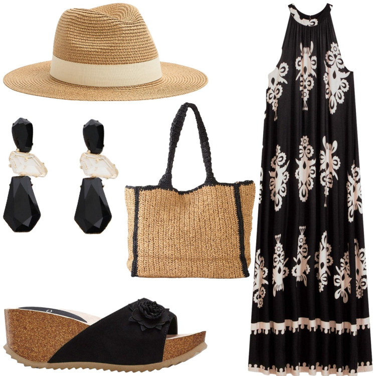 Outfit donna - Total look #2209443. Stile Casual chic per Mare. Abbinamento con shopping bag, vestiti, sandali, cappelli, orecchini.