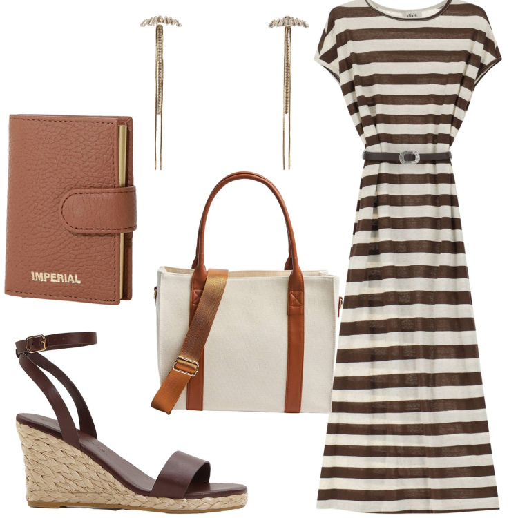 Outfit donna - Total look #2209444. Stile Casual per Ufficio. Abbinamento con sandali, shopping bag, orecchini, portafogli, vestiti midi/longuette.