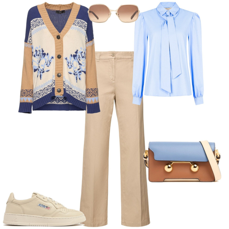 Outfit donna - Total look #2209447. Stile Trendy per Ufficio. Abbinamento con camicie, pantaloni, sneakers, occhiali da sole, borse a spalla, cardigans.