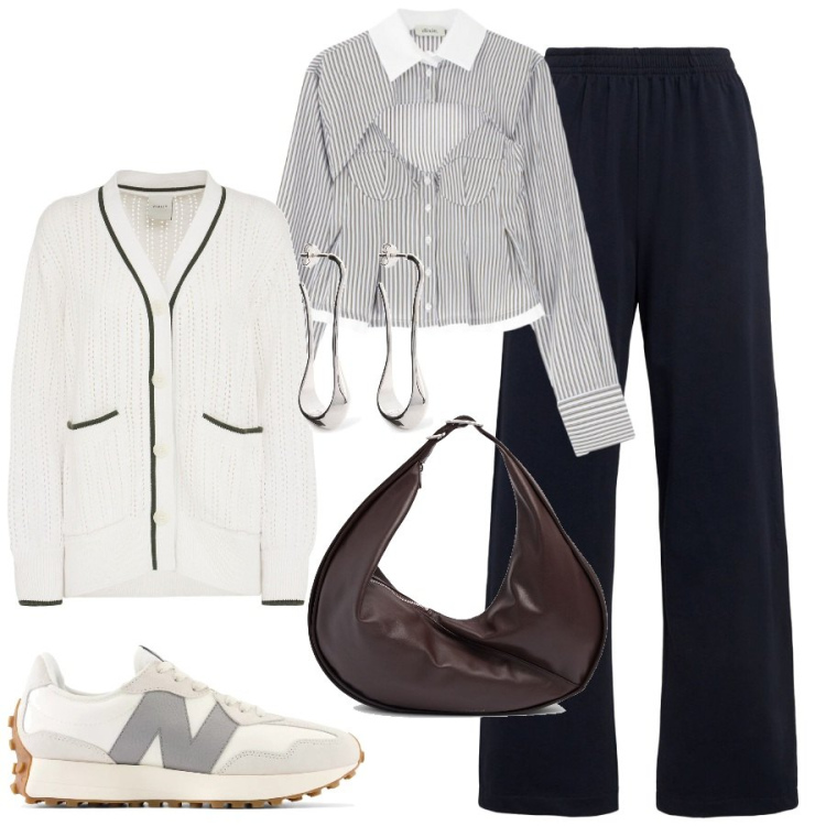 Outfit donna - Cardigan a settembre. Stile Trendy per Tutti i giorni. Abbinamento con sneakers, camicie, orecchini, shopping bag, pantaloni, cardigans.