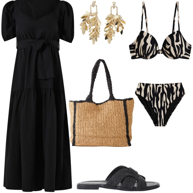 Outfit donna - Total look #2209456. Stile Casual per Mare. Abbinamento con bikini, shopping bag, vestiti lunghi, sandali, orecchini.