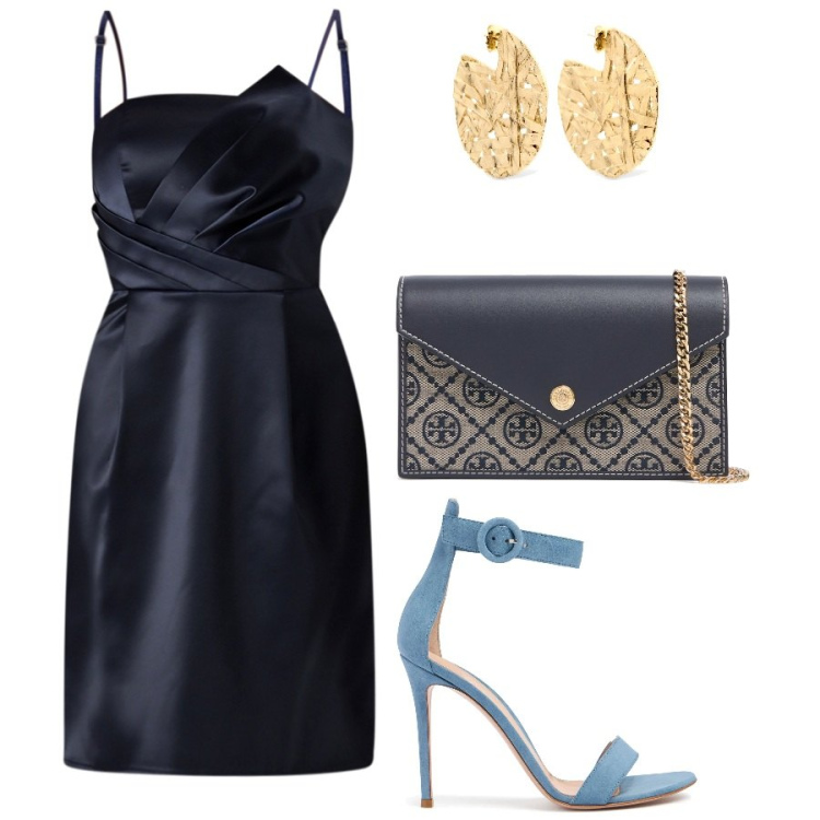 Outfit donna - Cena stellata. Stile Chic per Serata fuori. Abbinamento con vestiti corti, orecchini, pochette, sandali in pelle.