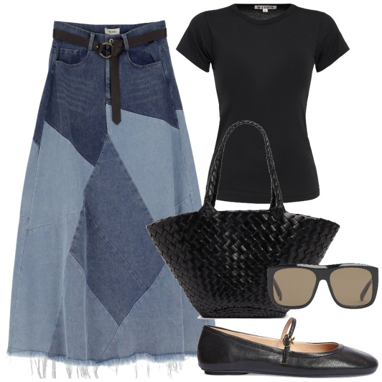 Outfit donna - Minimal in vacanza. Stile Minimal per Tutti i giorni. Abbinamento con gonne longuette, occhiali da sole, shopping bag, ballerine, t-shirt.