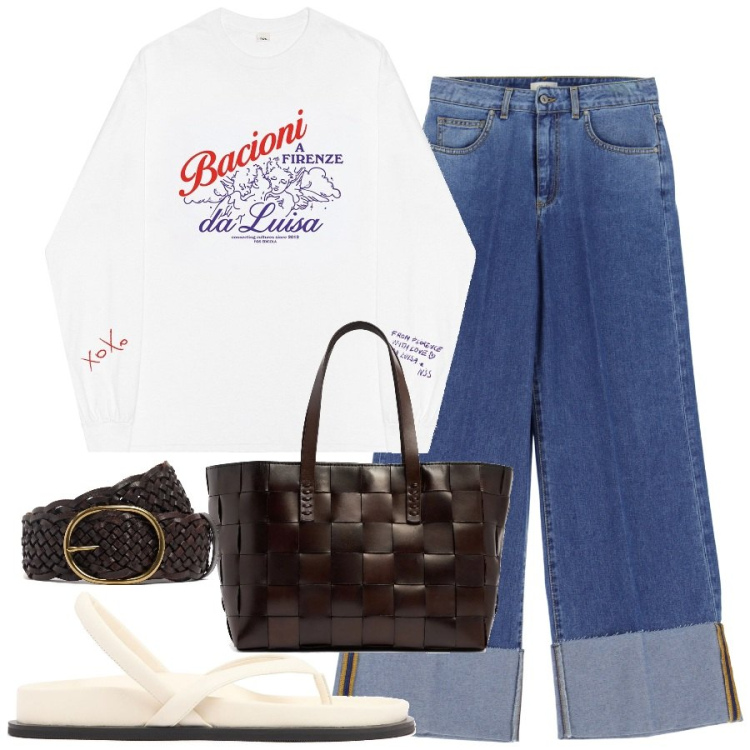 Outfit donna - Effetto cartolina. Stile Chic per Mare. Abbinamento con jeans, shopping bag, sandali in pelle, cinture, t-shirt.