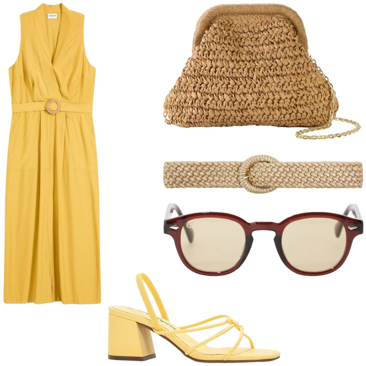 Outfit donna - Più energia con l\'abito giallo. Stile Sporty chic per Tutti i giorni. Abbinamento con vestiti, borse a tracolla, sandali col tacco, cinture, occhiali da sole.