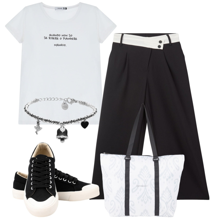 Outfit donna - Ironica. Stile Casual per Tutti i giorni. Abbinamento con pantaloni, t-shirt, shopping bag, braccialetti, sneakers.