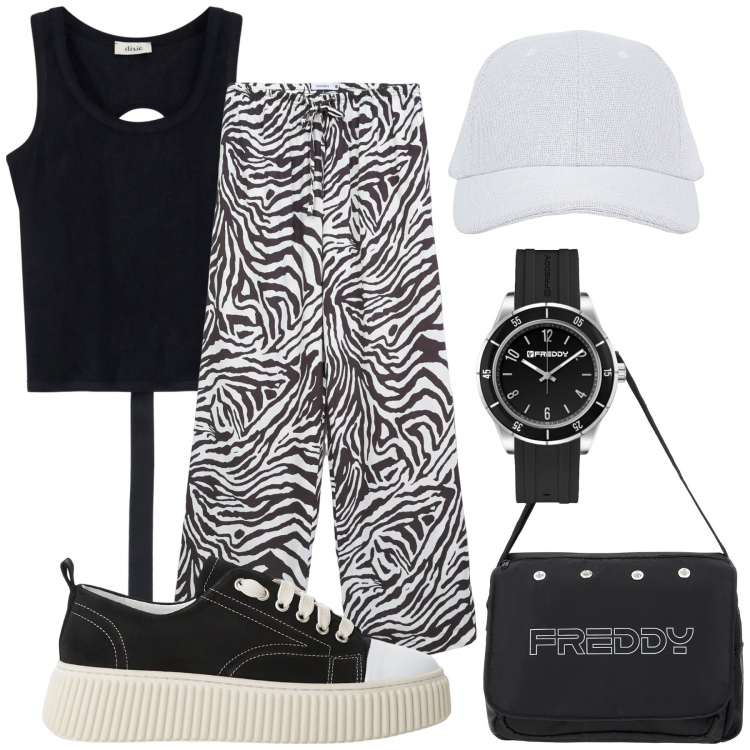 Outfit donna - Sportiva quanto basta. Stile Sporty chic per Tutti i giorni. Abbinamento con pantaloni, cappelli con visiera, sneakers, top, borse messenger, orologi.