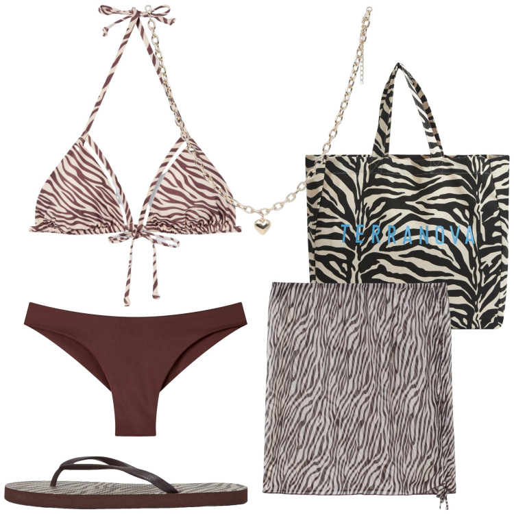 Outfit donna - Outfit animalier. Stile Casual chic per Mare. Abbinamento con borse tote, collane, infradito, bikini, bikini, vestiti da spiaggia.