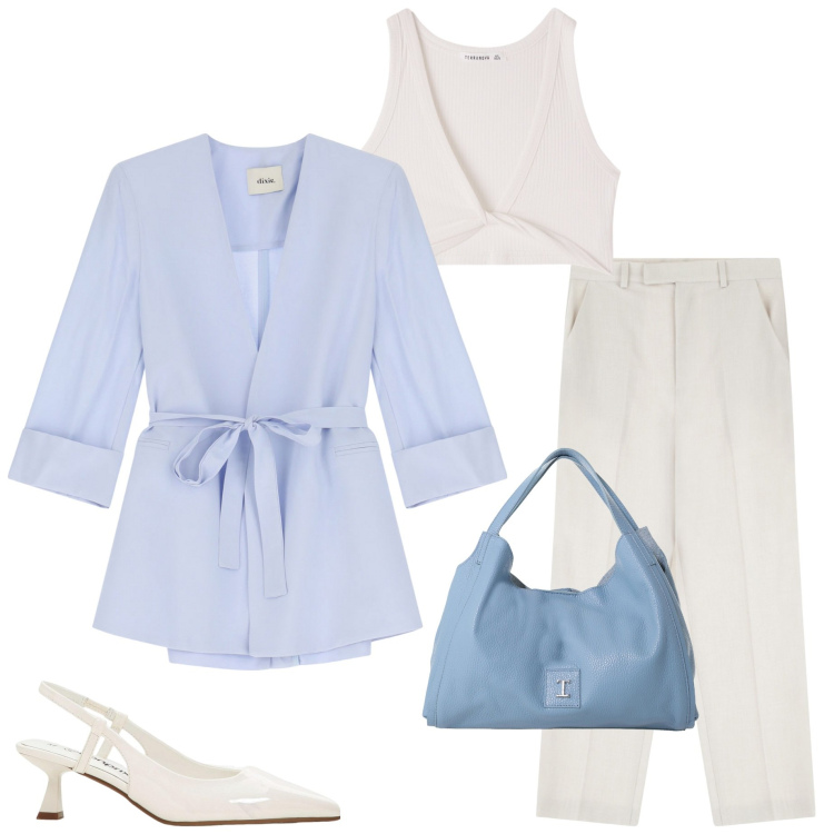 Outfit donna - Cerimonia informale. Stile Chic per Cerimonia. Abbinamento con décolleté, top, pochette, pantaloni, blazer.