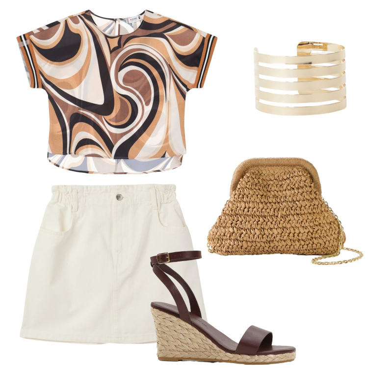 Outfit donna - La zeppa intrecciata. Stile Vintage retrò per Tutti i giorni. Abbinamento con sandali, borse a tracolla, minigonne, bluse, braccialetti.