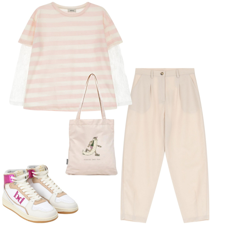 Outfit donna - Casual style. Stile Casual per Tutti i giorni. Abbinamento con shopping bag, sneakers alte, pantaloni, t-shirt.