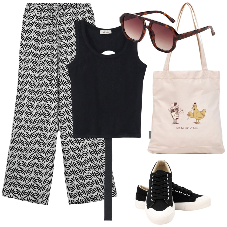 Outfit donna - In paese l estate. Stile Sporty chic per Tutti i giorni. Abbinamento con occhiali da sole, pantaloni, shopping bag, top, sneakers.