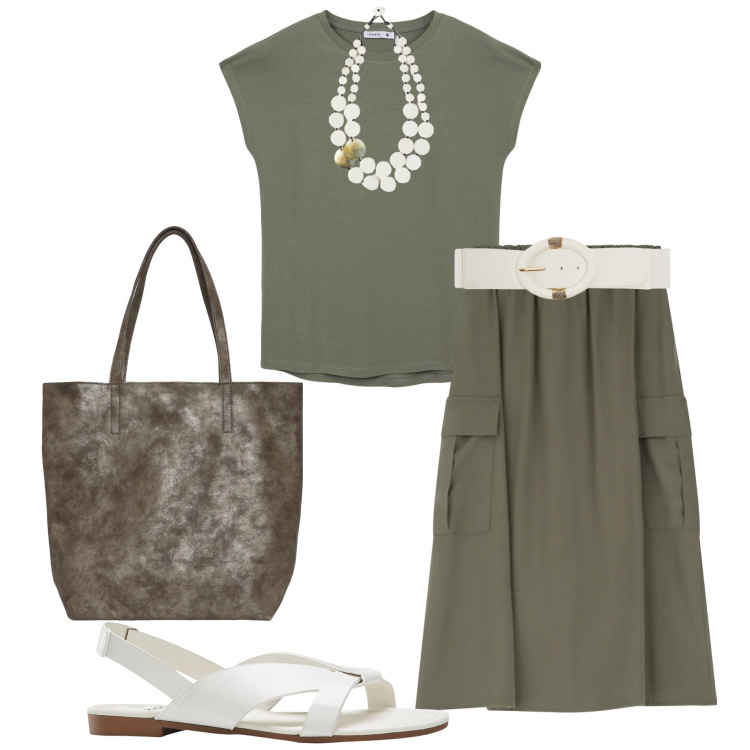 Outfit donna - In ufficio. Stile Casual chic per Ufficio. Abbinamento con sandali, t-shirt, cinture, borse tote, gonne lunghe, ciondoli.