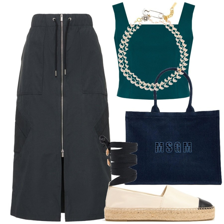 Outfit donna - Agosto. Stile Casual chic per Tutti i giorni. Abbinamento con top, gonne, shopping bag, espadrillas, collane.