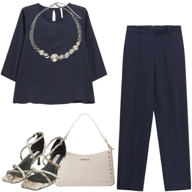 Outfit donna - Blu navy per l\'ufficio. Stile Casual per Ufficio. Abbinamento con sandali col tacco, pantaloni, bluse, borse a spalla, collane.