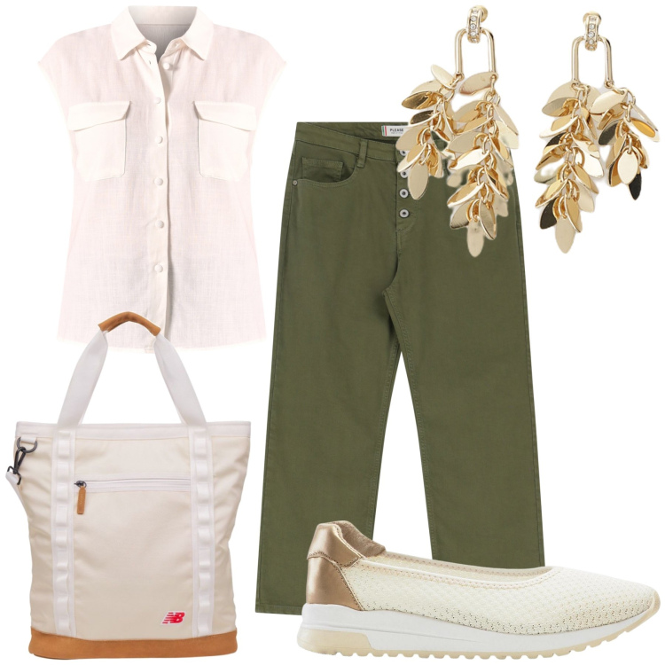 Outfit donna - Orecchini in ufficio. Stile Urban per Ufficio. Abbinamento con ballerine, orecchini, shopping bag, camicie, pantaloni.