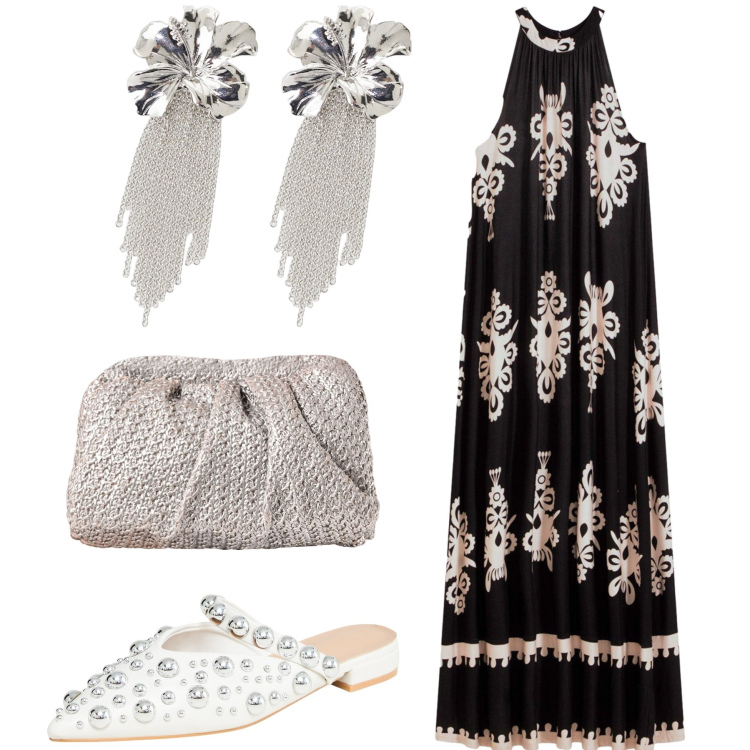 Outfit donna - Serata di luglio. Stile Trendy per Serata fuori. Abbinamento con vestiti, ballerine, clutch, orecchini.