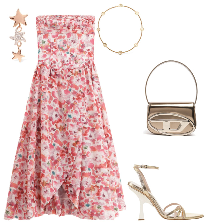 Outfit donna - Sera d\'estate. Stile Chic per Serata fuori. Abbinamento con vestiti lunghi, sandali col tacco, orecchini, collane, borse a spalla.