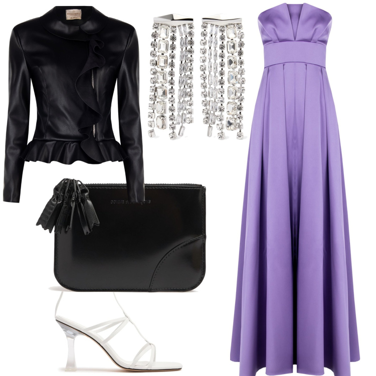 Outfit donna - Grande evento. Stile Chic per Serata fuori. Abbinamento con blazer, vestiti lunghi, portafogli, sandali in pelle, orecchini.