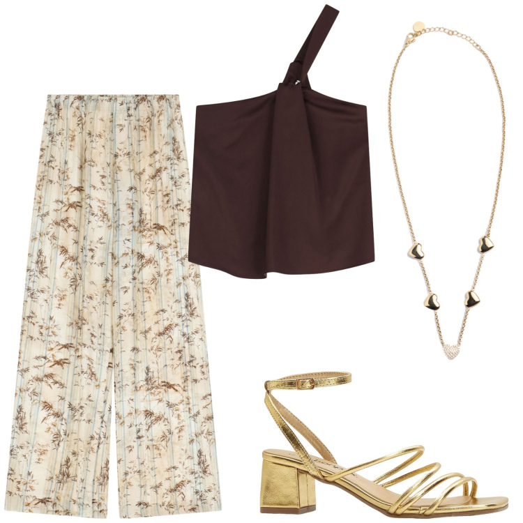 Outfit donna - Total look #2209513. Stile Vintage retrò per Serata fuori. Abbinamento con sandali col tacco, pantaloni a palazzo, top, collane.