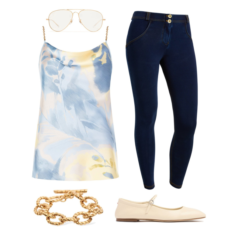 Outfit donna - #1. Stile Casual chic per Tutti i giorni. Abbinamento con top, jeggings, sandali in pelle, braccialetti, occhiali da sole.