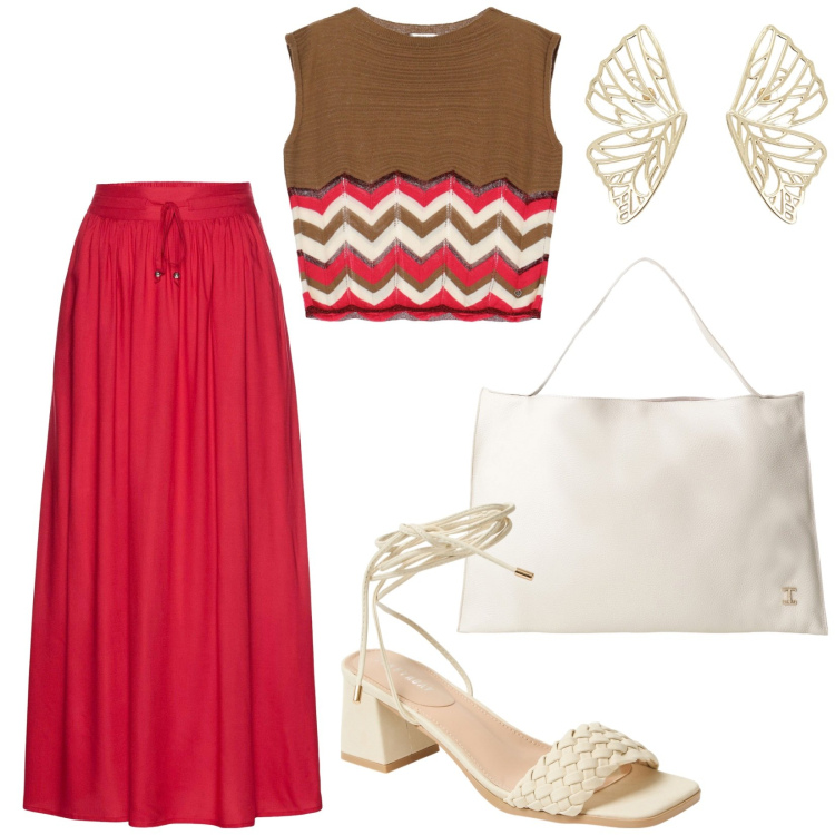 Outfit donna - Total look #2209517. Stile 70s per Tutti i giorni. Abbinamento con gonne lunghe, sandali alla schiava, maglieria, borse a spalla, orecchini.
