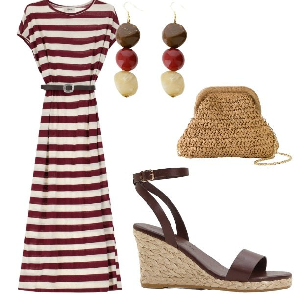 Outfit donna - Outifit di luglio. Stile Casual chic per Tutti i giorni. Abbinamento con sandali, borse a tracolla, orecchini, vestiti midi/longuette.