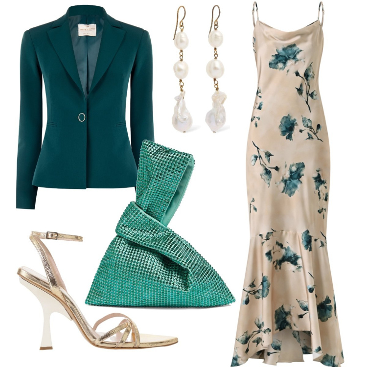 Outfit donna - Una serata speciale. Stile Chic per Serata fuori. Abbinamento con blazer, vestiti lunghi, sandali col tacco, borse a mano, orecchini.