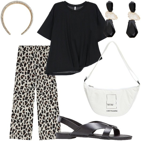 Outfit donna - Le serate di Luglio. Stile Casual per Tutti i giorni. Abbinamento con sandali, marsupi, cerchietti, t-shirt, pantaloni a palazzo, orecchini.