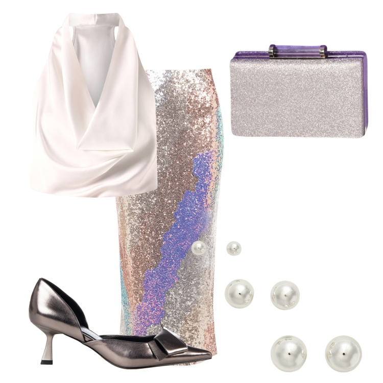 Outfit donna - Una sirena a Manhattan. Stile Glamour per Serata fuori. Abbinamento con décolleté, gonne longuette, top, pochette, orecchini.