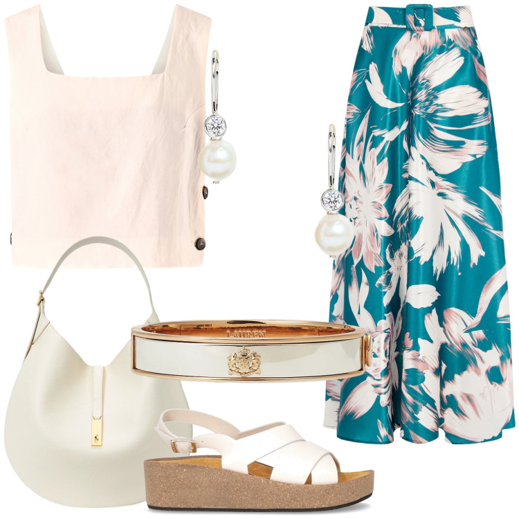 Outfit donna - Pool Party Rinascimento. Stile Glamour per Serata fuori. Abbinamento con gonne, top, braccialetti, borse a spalla, orecchini, sandali.