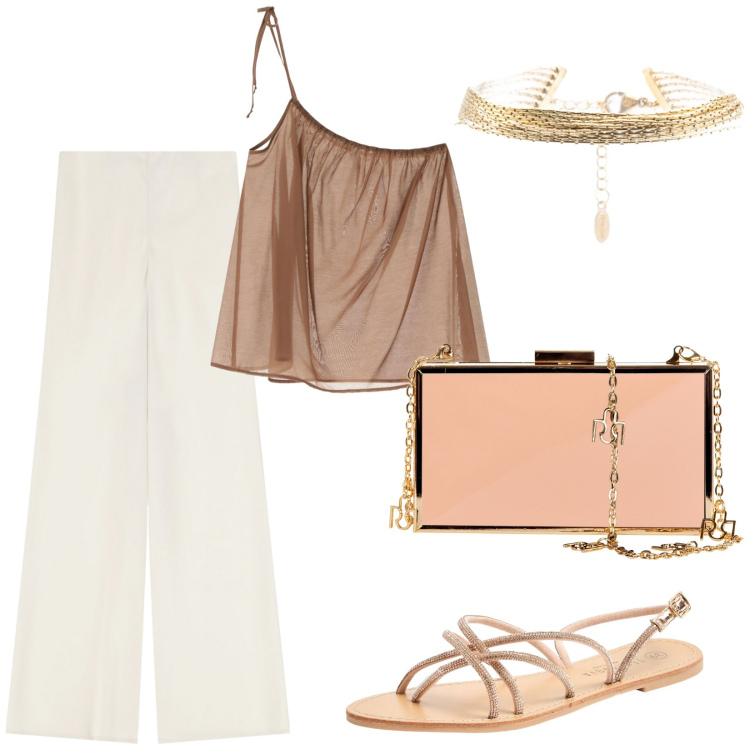 Outfit donna - Total look #2209529. Stile Sexy per Serata fuori. Abbinamento con sandali, pochette, pantaloni, top, braccialetti.