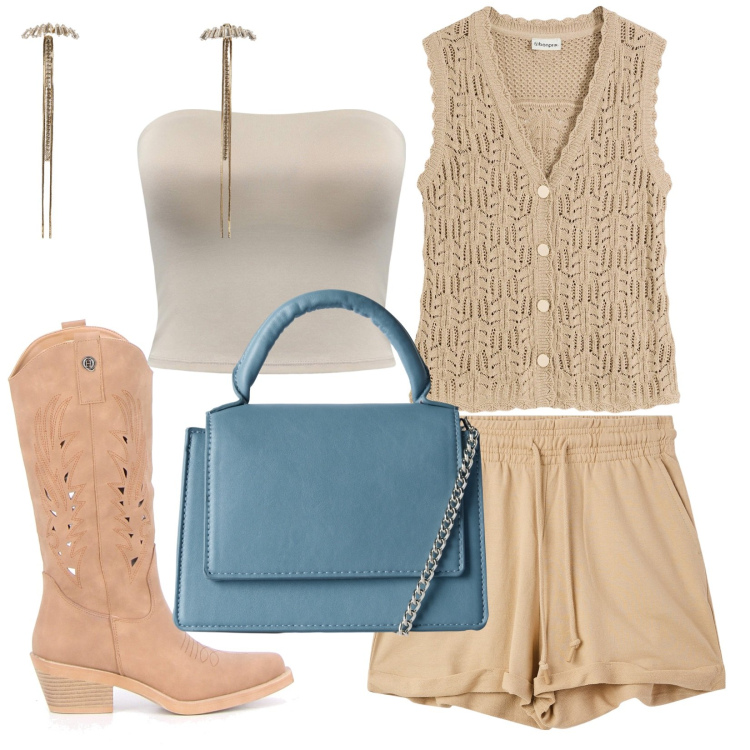 Outfit donna - Twist azzurro. Stile Boho per Serata fuori. Abbinamento con gilet, shorts, borse a tracolla, top, orecchini, stivali.