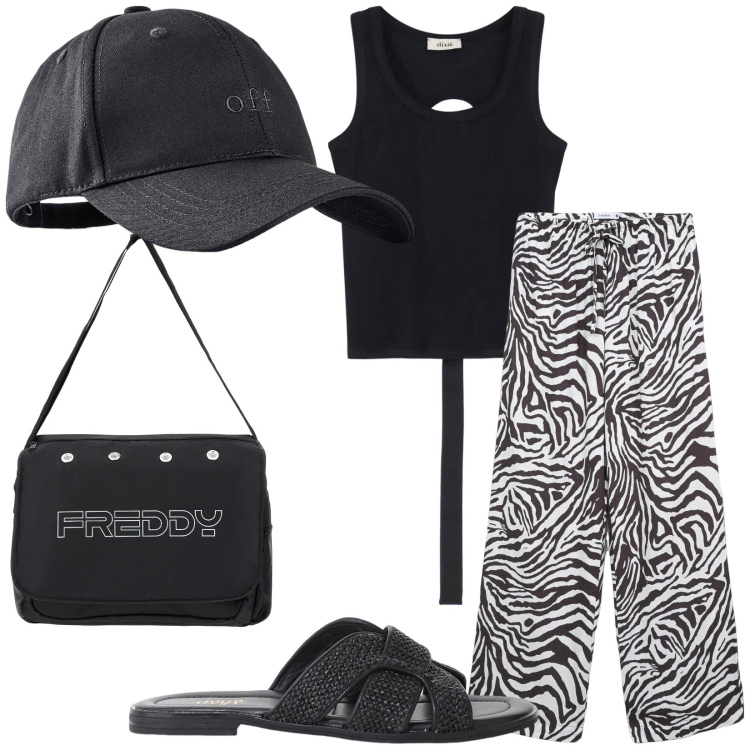 Outfit donna - Total look #2209533. Stile Basic per Tutti i giorni. Abbinamento con cappelli con visiera, pantaloni, borse messenger, sandali, top.