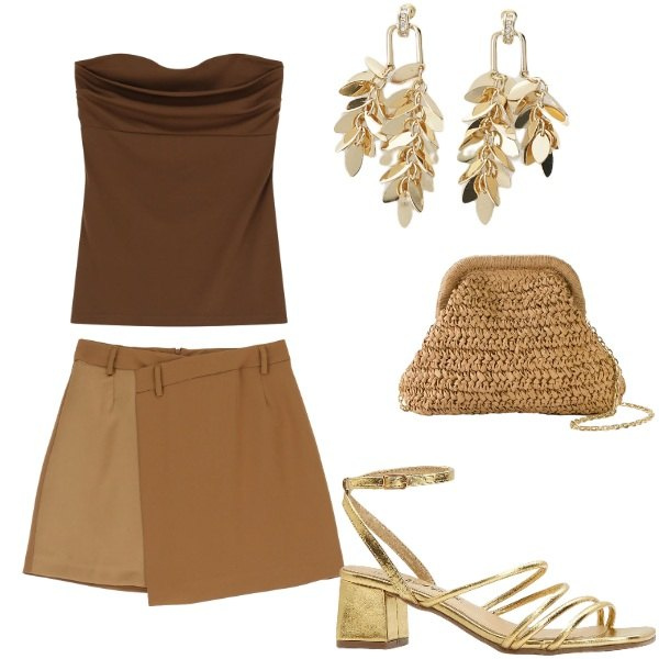 Outfit donna - A cena fuori. Stile Casual chic per Serata fuori. Abbinamento con sandali col tacco, borse a tracolla, minigonne, top, orecchini.