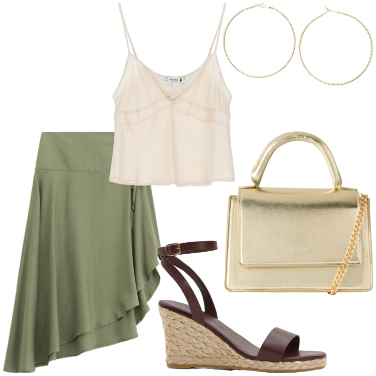 Outfit donna - Total look #2209537. Stile Bon Ton per Tutti i giorni. Abbinamento con sandali, borse a tracolla, top, orecchini, gonne.
