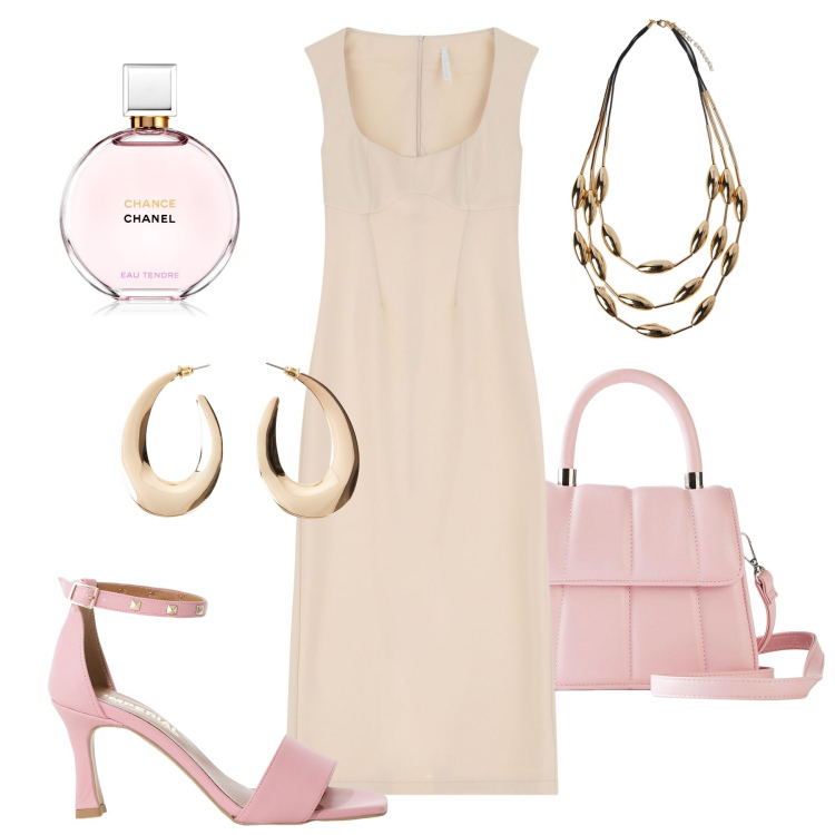 Outfit donna - Cerimonia pastello. Stile Glamour per Cerimonia. Abbinamento con orecchini, borse a tracolla, profumi, sandali col tacco, vestiti midi/longuette, collane.