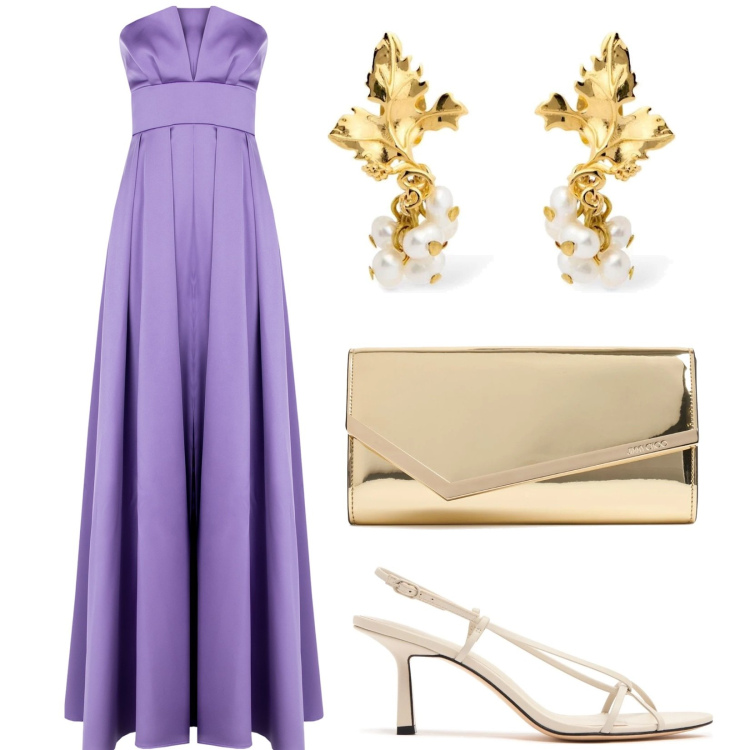 Outfit donna - Total look #2209545. Stile Chic per Cerimonia. Abbinamento con vestiti lunghi, pochette, sandali in pelle, orecchini.