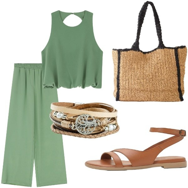 Outfit donna - Le serate di Luglio. Stile Casual per Tutti i giorni. Abbinamento con braccialetti, shopping bag, sandali in pelle, pantaloni a palazzo, top.