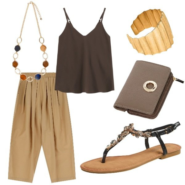 Outfit donna - Le serate di Luglio. Stile Casual per Serata fuori. Abbinamento con sandali gioiello, pantaloni, portafogli, top, collane, braccialetti.