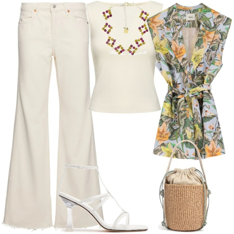 Outfit donna - Abbina la comodità allo stile. Stile Casual per Ufficio. Abbinamento con gilet, collane, sandali in pelle, top, borse a secchiello, jeans.