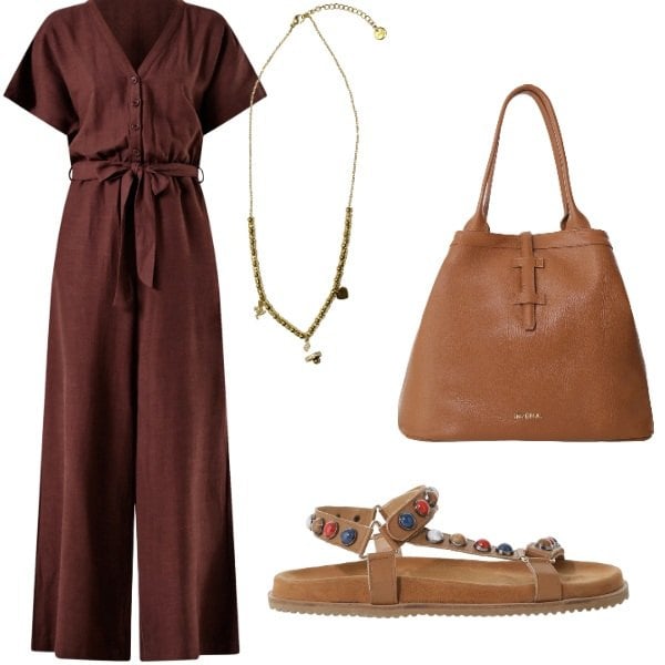 Outfit donna - Le serate di Luglio. Stile Casual per Tutti i giorni. Abbinamento con tute, borse tote, ciondoli, sandali.