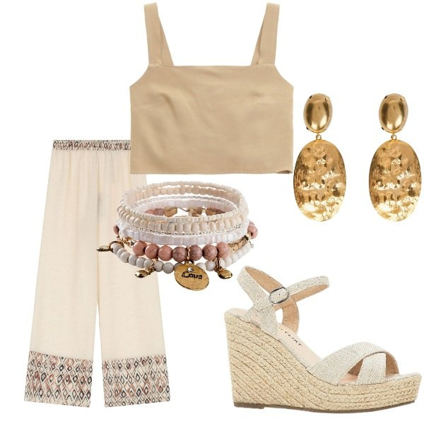 Outfit donna - Le serate di Luglio. Stile Casual chic per Serata fuori. Abbinamento con sandali, braccialetti, pantaloni, top, orecchini.