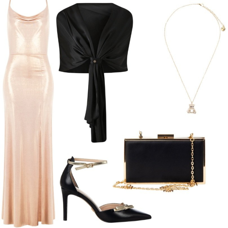 Outfit donna - Elegante e luminosa. Stile Glamour per Cerimonia. Abbinamento con scialli, décolleté, pochette, vestiti lunghi, ciondoli.