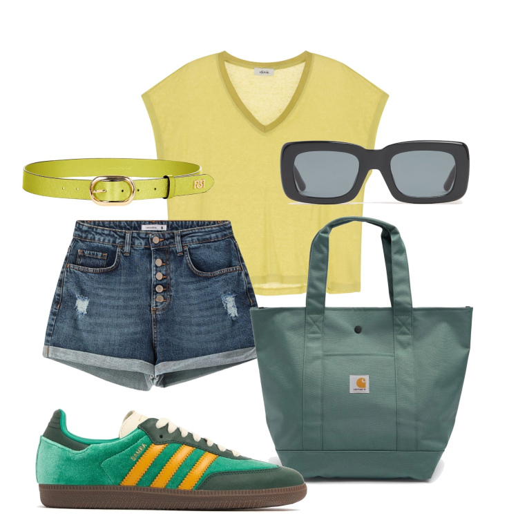 Outfit donna - Total look #2209560. Stile Sporty chic per Tutti i giorni. look ideale per Tall. Abbinamento con shorts, cinture, t-shirt, occhiali da sole, sneakers, borse tote.