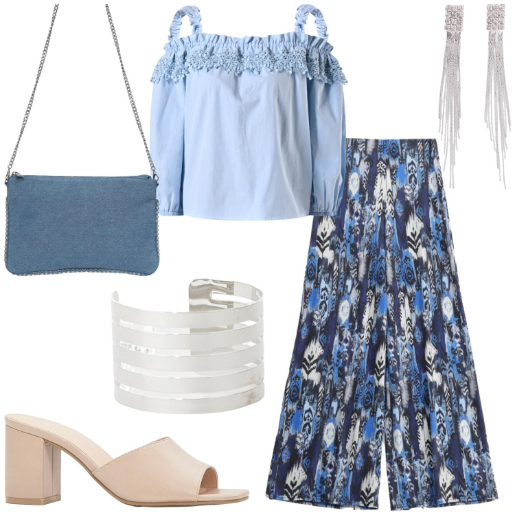 Outfit donna - Total look #2209561. Stile Casual chic per Tutti i giorni. Abbinamento con orecchini, sandali col tacco, borse a tracolla, bluse, pantaloni, braccialetti.