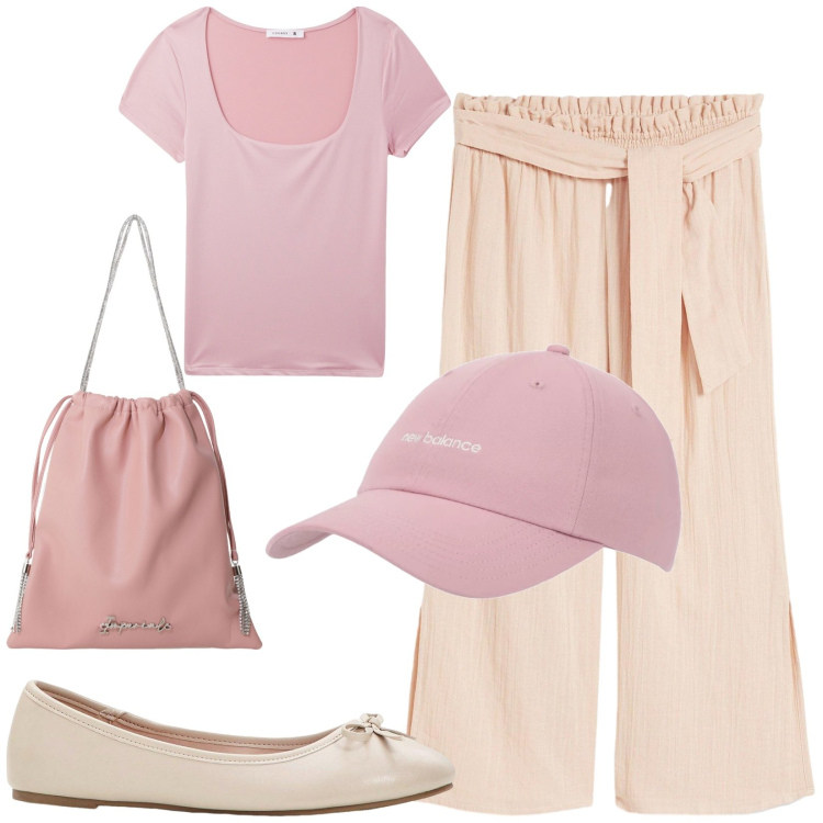 Outfit donna - Total look #2209565. Stile Casual chic per Tutti i giorni. Abbinamento con pantaloni capri, ballerine, t-shirt, cappelli con visiera, borse a secchiello.