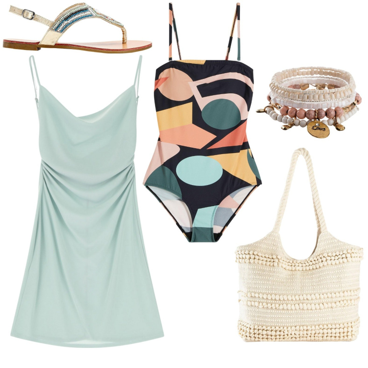 Outfit donna - Intero geometrico. Stile Casual chic per Mare. Abbinamento con costumi interi, braccialetti, ciabatte, shopping bag, vestiti corti.
