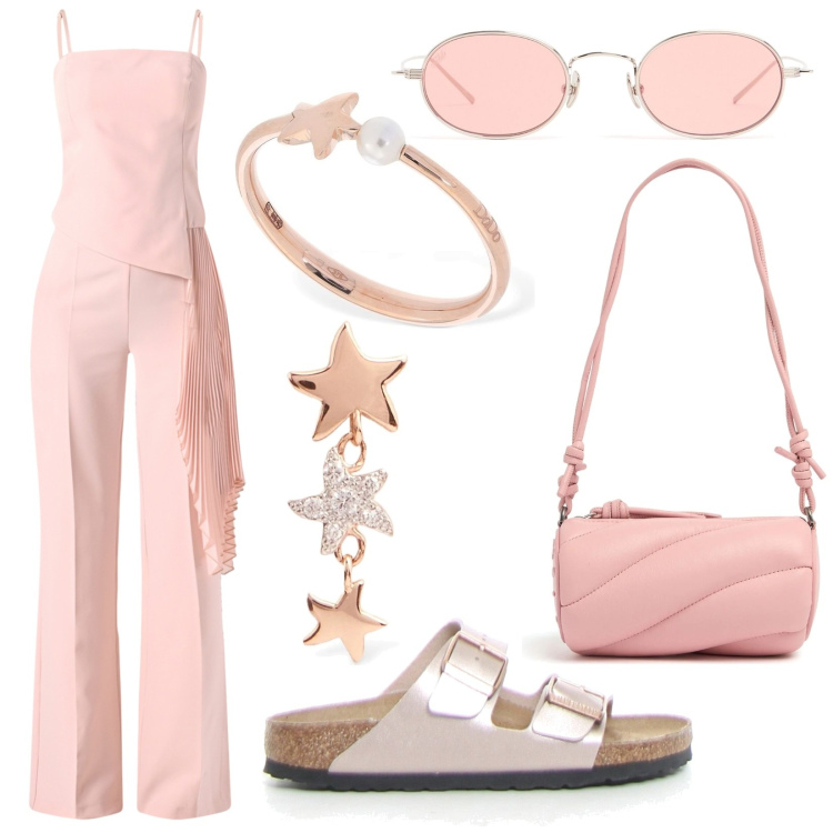 Outfit donna - Shining star. Stile Glamour per Serata fuori. Abbinamento con tute, ciabatte, orecchini, anelli, occhiali da sole, borse a spalla.